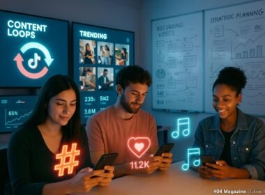 Modernes TikTok-Content-Studio mit großen Bildschirmen, Content-Produzenten an Smartphones, Whiteboards mit Skizzen, leuchtenden Overlay-Elementen und Analyse-Dashboards im Hintergrund.