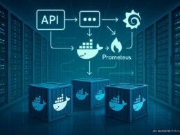 Hochmodernes Rechenzentrum mit beleuchteten Serverracks, Docker-Containern und schematischen Icons für APIs, Queues sowie Monitoring-Tools wie Grafana und Prometheus.