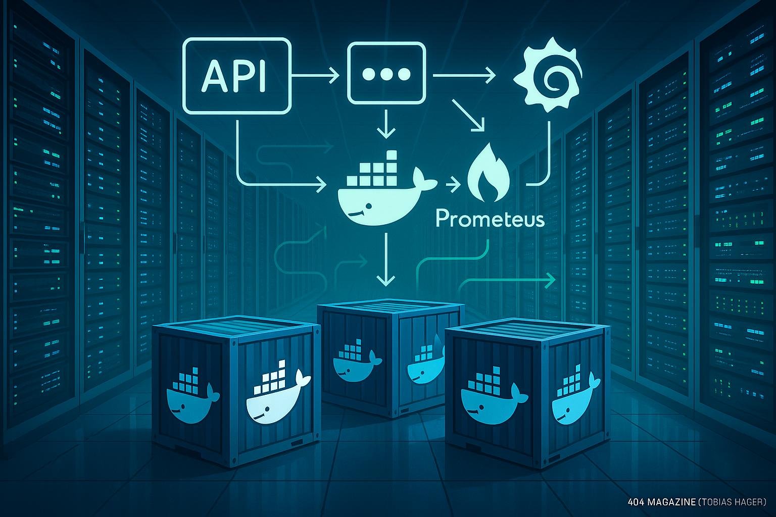 Hochmodernes Rechenzentrum mit beleuchteten Serverracks, Docker-Containern und schematischen Icons für APIs, Queues sowie Monitoring-Tools wie Grafana und Prometheus.