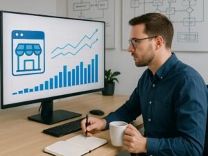 Modernes Büro mit großem Bildschirm, Diagrammen und einem Marketing-Experten bei der Arbeit, Whiteboards mit Skizzen im Hintergrund, geschaffen für datengetriebene Strategien