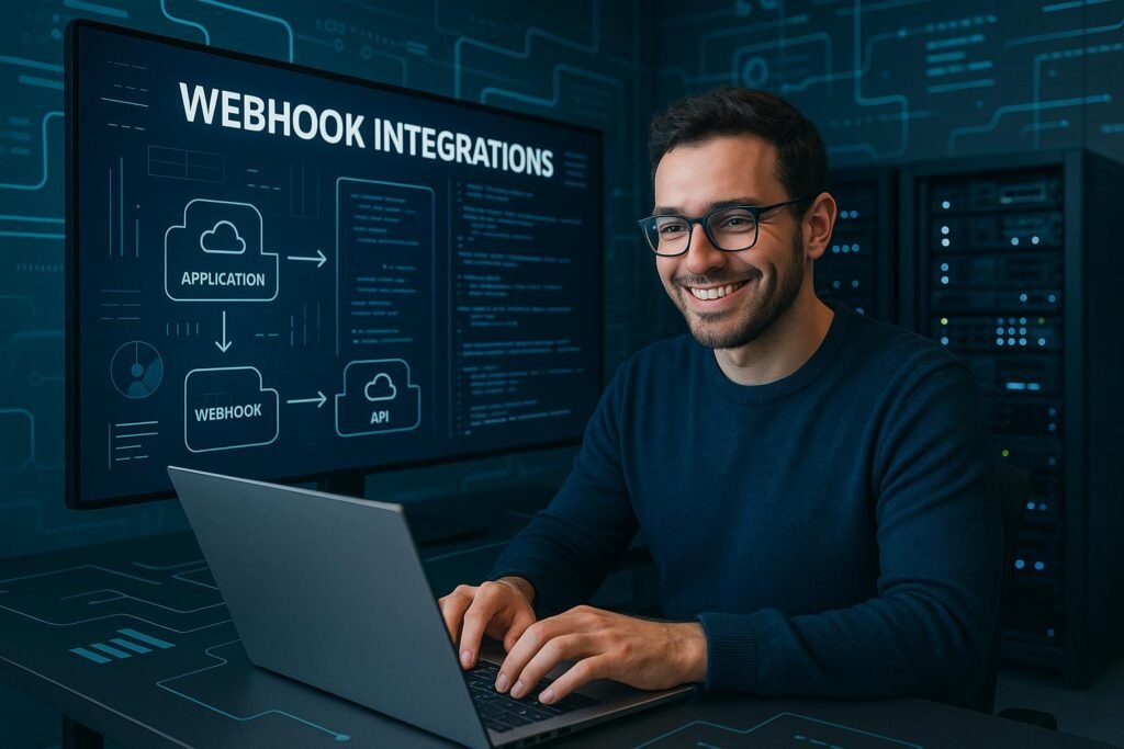 Modernes Büro mit großem Bildschirm, IT-Experte am Laptop und Serverinfrastruktur im Hintergrund, zeigt Webhook-Integrations-Dashboard