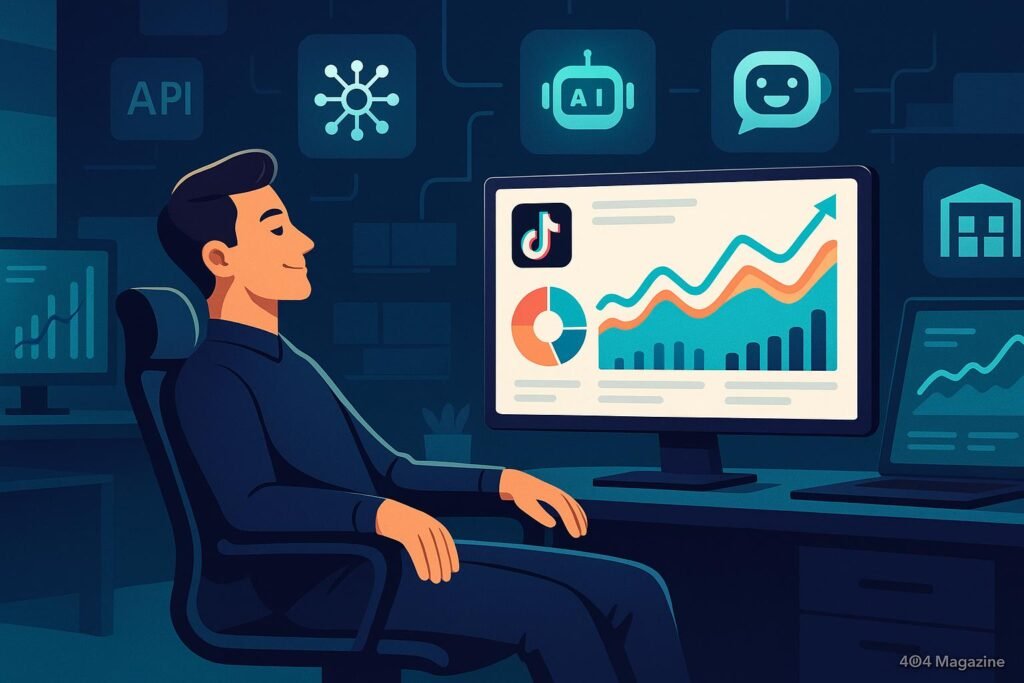 Stilisiertes Digitalbüro mit mehreren Bildschirmen, die automatisierte Datenanalysen und Trendvisualisierungen anzeigen, im Vordergrund ein entspannter Unternehmer an einem ergonomischen Stuhl, Symbole für API-Integrationen, KI, Chatbots und Lagerverwaltung im Hintergrund, Bild von Tobias Hager, 404 Magazine