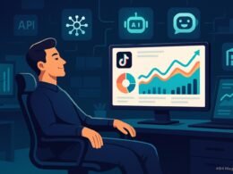 Stilisiertes Digitalbüro mit mehreren Bildschirmen, die automatisierte Datenanalysen und Trendvisualisierungen anzeigen, im Vordergrund ein entspannter Unternehmer an einem ergonomischen Stuhl, Symbole für API-Integrationen, KI, Chatbots und Lagerverwaltung im Hintergrund, Bild von Tobias Hager, 404 Magazine