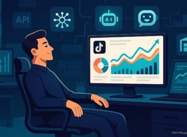 Stilisiertes Digitalbüro mit mehreren Bildschirmen, die automatisierte Datenanalysen und Trendvisualisierungen anzeigen, im Vordergrund ein entspannter Unternehmer an einem ergonomischen Stuhl, Symbole für API-Integrationen, KI, Chatbots und Lagerverwaltung im Hintergrund, Bild von Tobias Hager, 404 Magazine