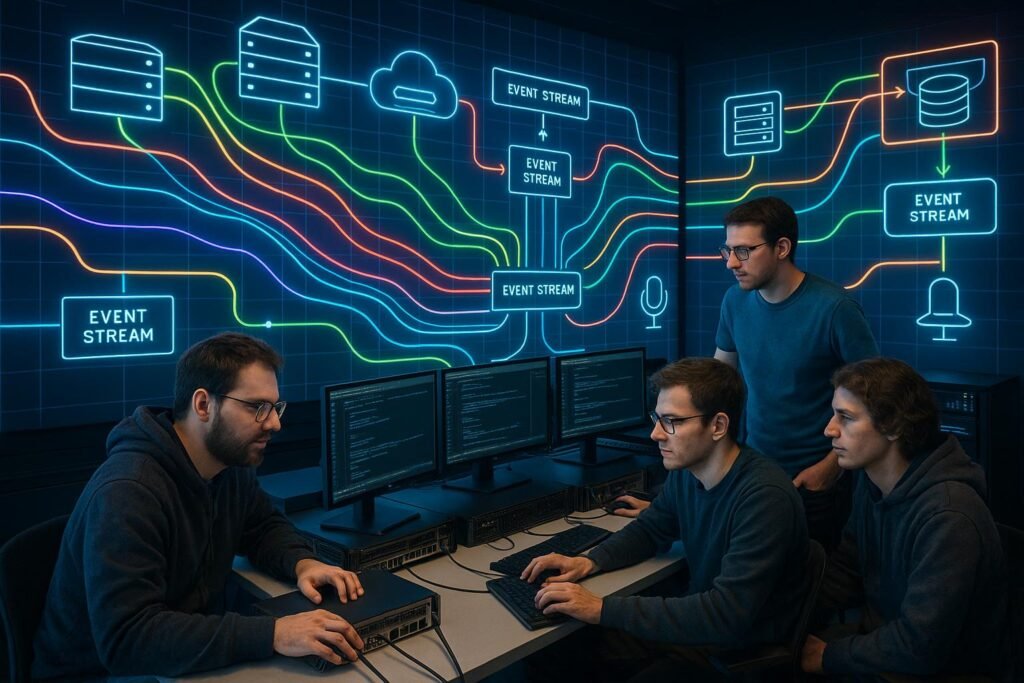 Modernes Technologie-Labor mit digitalen Datenströmen, Entwicklern und schematischen Architekturen, visualisiert in Echtzeit