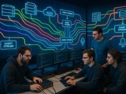 Modernes Technologie-Labor mit digitalen Datenströmen, Entwicklern und schematischen Architekturen, visualisiert in Echtzeit