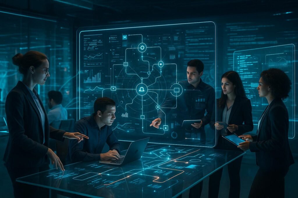 Futuristisches Büro mit holographischen Interfaces, großen Touchscreens und mehreren Personen bei der Arbeit an innovativen Automatisierungstechnologien.