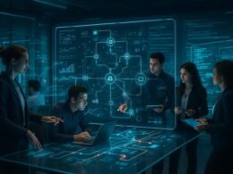 Futuristisches Büro mit holographischen Interfaces, großen Touchscreens und mehreren Personen bei der Arbeit an innovativen Automatisierungstechnologien.