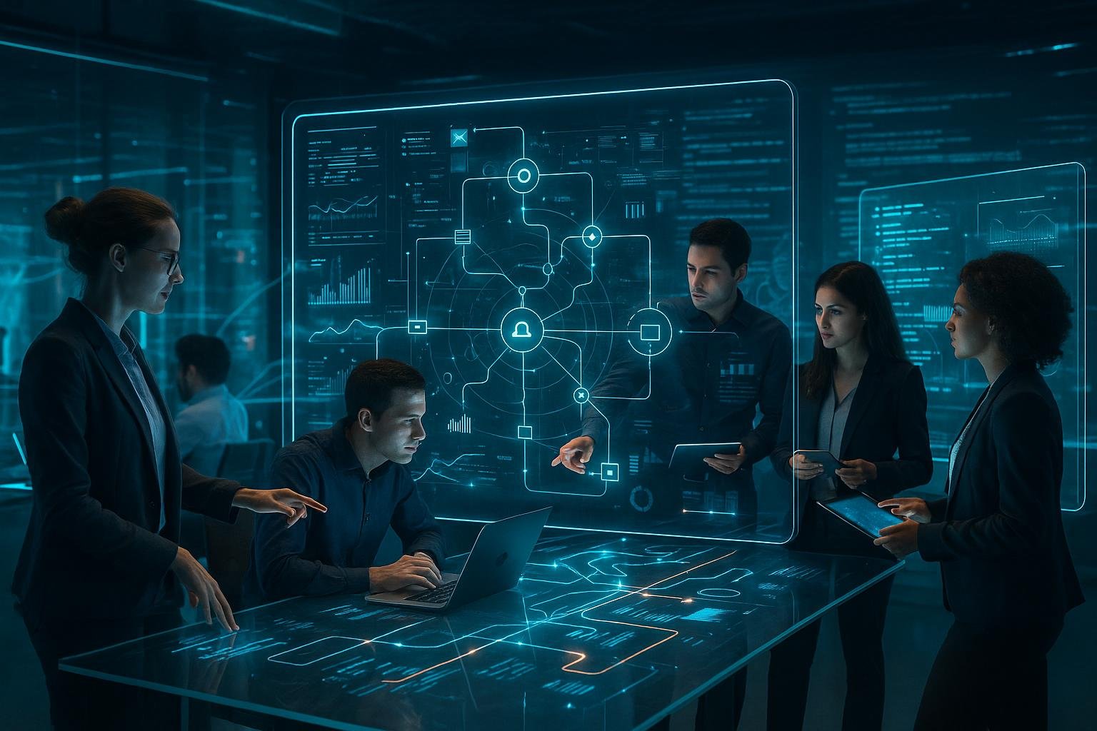 Futuristisches Büro mit holographischen Interfaces, großen Touchscreens und mehreren Personen bei der Arbeit an innovativen Automatisierungstechnologien.