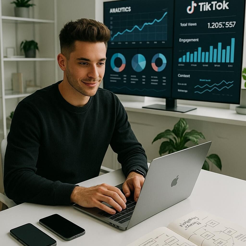 Junger Unternehmer arbeitet an seinem Laptop in einem hellen, minimalistischen Büro mit großen Bildschirmen, Analyse- und Trenddaten, Smartphone-Modelle und Notizbuch im Vordergrund.