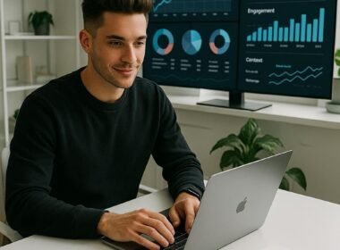 Junger Unternehmer arbeitet an seinem Laptop in einem hellen, minimalistischen Büro mit großen Bildschirmen, Analyse- und Trenddaten, Smartphone-Modelle und Notizbuch im Vordergrund.