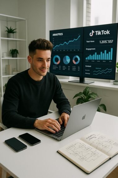 Junger Unternehmer arbeitet an seinem Laptop in einem hellen, minimalistischen Büro mit großen Bildschirmen, Analyse- und Trenddaten, Smartphone-Modelle und Notizbuch im Vordergrund.