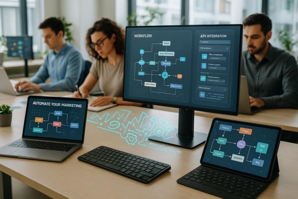 Modernes, hell erleuchtetes Büro mit Computern, Tablets und Workflow-Diagrammen, in dem Marketer konzentriert an Automatisierung und digitalen Marketingprozessen arbeiten