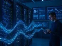 Futuristisches Datenzentrum mit holographischen Datenströmen, Serverracks und Entwickler mit Tablet zur Überwachung