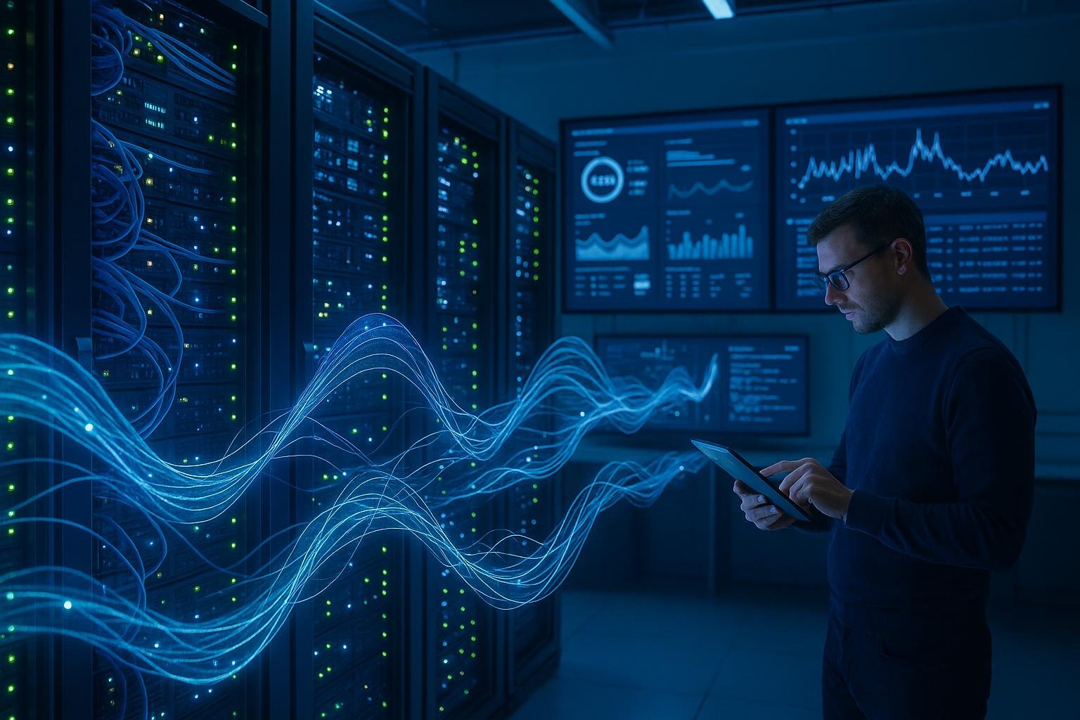 Futuristisches Datenzentrum mit holographischen Datenströmen, Serverracks und Entwickler mit Tablet zur Überwachung