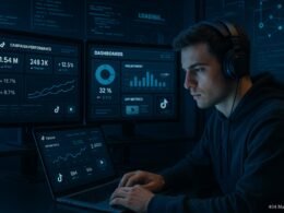 Digitaler Arbeitsplatz mit mehreren Bildschirmen, die TikTok-Performance-Metriken, Code-Snippets und Netzwerkdiagramme zeigen, mit einer Person, die Daten analysiert.