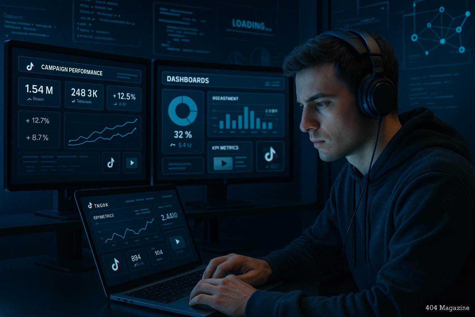 Digitaler Arbeitsplatz mit mehreren Bildschirmen, die TikTok-Performance-Metriken, Code-Snippets und Netzwerkdiagramme zeigen, mit einer Person, die Daten analysiert.