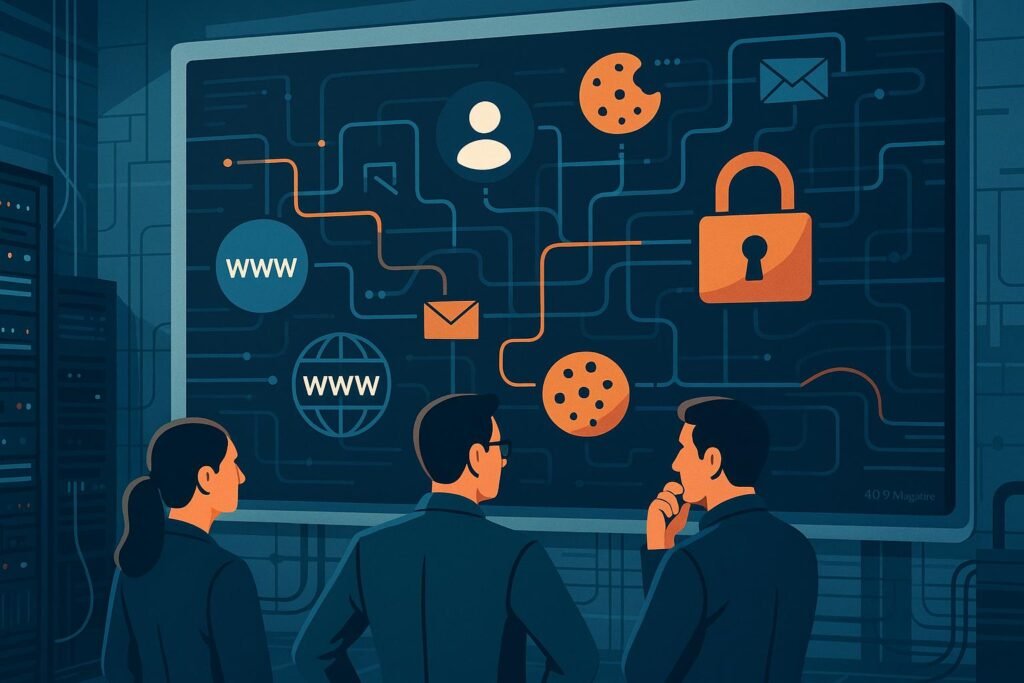 Stilisiertes Digitalbüro mit Datenströmen, Web-Icons, Cookies und Verschlüsselungssymbolen, Entwickler überwachen die Datenübertragung, im Hintergrund Server und Kabel, angespanntes Datenschutzthema