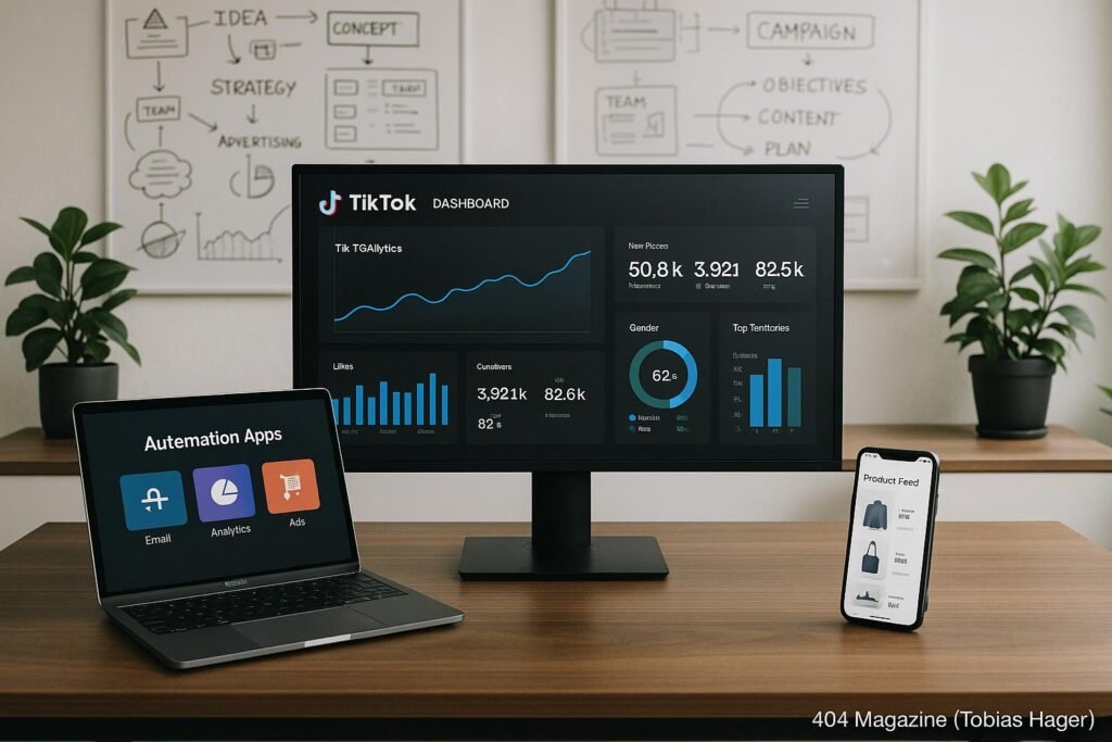 Modernes Büro mit großem Bildschirm, TikTok-Analytics, Laptop, Smartphone, Whiteboards und Pflanzen, vermittelt Innovation und digitale Automatisierung im Ecommerce