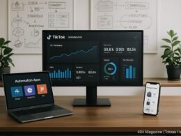 Modernes Büro mit großem Bildschirm, TikTok-Analytics, Laptop, Smartphone, Whiteboards und Pflanzen, vermittelt Innovation und digitale Automatisierung im Ecommerce
