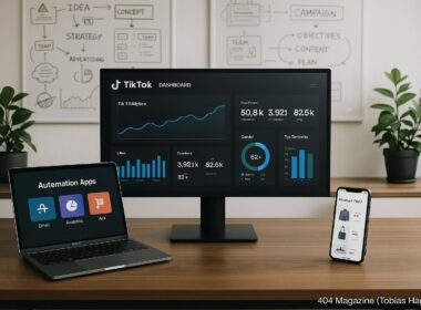Modernes Büro mit großem Bildschirm, TikTok-Analytics, Laptop, Smartphone, Whiteboards und Pflanzen, vermittelt Innovation und digitale Automatisierung im Ecommerce