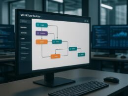 Modernes Büroraum-Szenario mit großem Bildschirm, der eine visuelle Workflow-Builder-Oberfläche mit farblich kodierten Verbindungen anzeigt, im Hintergrund Monitore mit Code und Datenvisualisierungen.