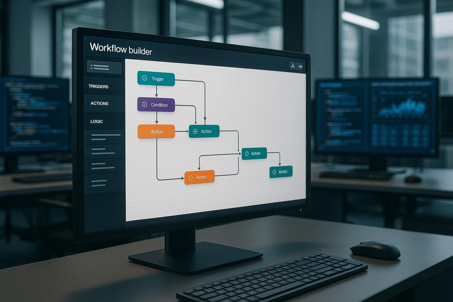 Modernes Büroraum-Szenario mit großem Bildschirm, der eine visuelle Workflow-Builder-Oberfläche mit farblich kodierten Verbindungen anzeigt, im Hintergrund Monitore mit Code und Datenvisualisierungen.