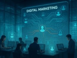 Futuristisches Digital Marketing Zentrum mit holographischen Nutzerprofilen, Datenströmen und Entwicklern in einem hochmodernen Büro mit Glaswänden.