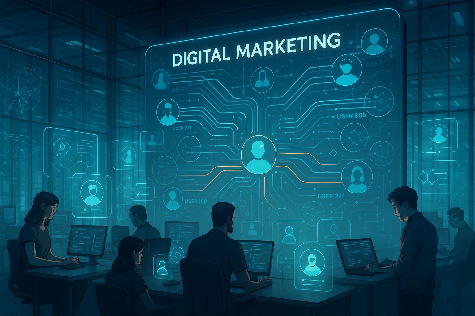 Futuristisches Digital Marketing Zentrum mit holographischen Nutzerprofilen, Datenströmen und Entwicklern in einem hochmodernen Büro mit Glaswänden.