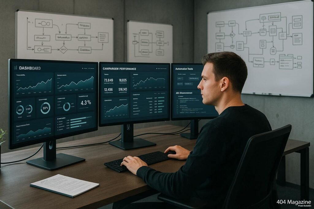 Digitaler Marketer in einem modernen Büro mit großen Bildschirmen, Dashboard-Daten, Whiteboards und Automation-Tools