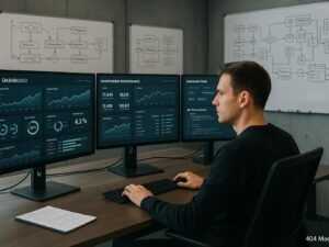 Digitaler Marketer in einem modernen Büro mit großen Bildschirmen, Dashboard-Daten, Whiteboards und Automation-Tools