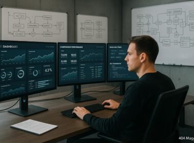 Digitaler Marketer in einem modernen Büro mit großen Bildschirmen, Dashboard-Daten, Whiteboards und Automation-Tools