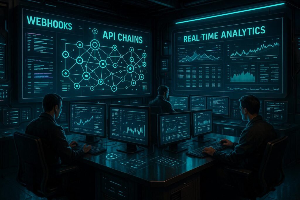 Futuristischer Kontrollraum mit OLED-Bildschirmen, holographischen Schnittstellen und verbundenen API-Ketten, die Datenströme und Systemmetriken anzeigen.