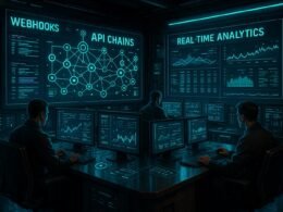 Futuristischer Kontrollraum mit OLED-Bildschirmen, holographischen Schnittstellen und verbundenen API-Ketten, die Datenströme und Systemmetriken anzeigen.