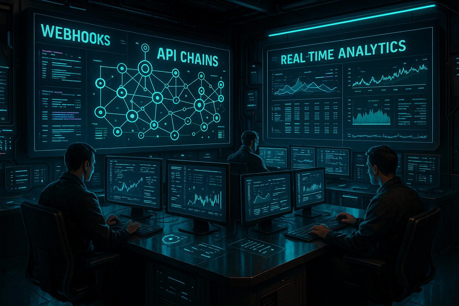Futuristischer Kontrollraum mit OLED-Bildschirmen, holographischen Schnittstellen und verbundenen API-Ketten, die Datenströme und Systemmetriken anzeigen.