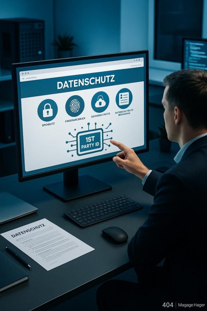 Modernes Büro mit großem Bildschirm, der Datenschutz-Icons und First Party ID visualisiert. Person in Business-Kleidung zeigt auf den Bildschirm, im Hintergrund technische Geräte und Dokumente.