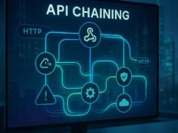 Detaillierte digitale Illustration eines hochentwickelten API-Chainings mit verbundenen Knoten, Datenströmen und Sicherheitsicons vor einer futuristischen Stadtkulisse, credit: 404 Magazine (Tobias Hager)