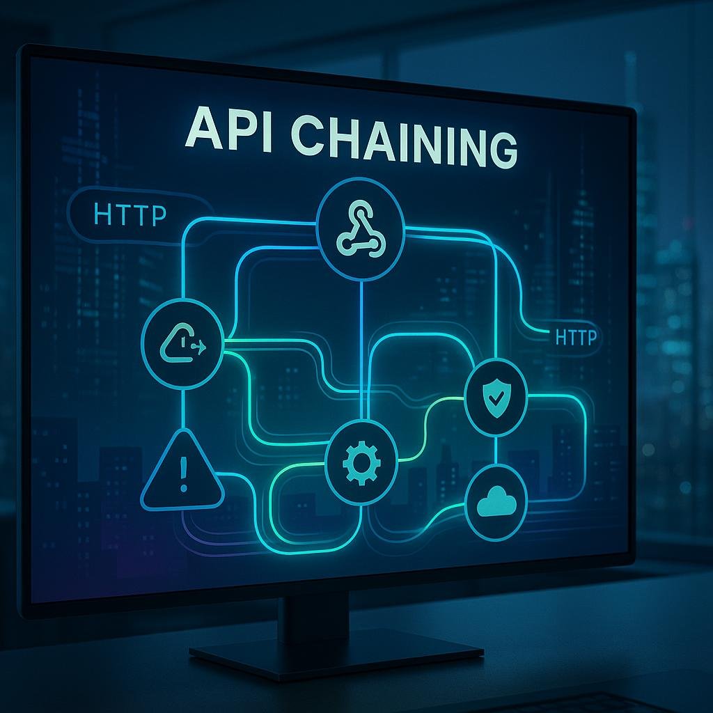 Detaillierte digitale Illustration eines hochentwickelten API-Chainings mit verbundenen Knoten, Datenströmen und Sicherheitsicons vor einer futuristischen Stadtkulisse, credit: 404 Magazine (Tobias Hager)