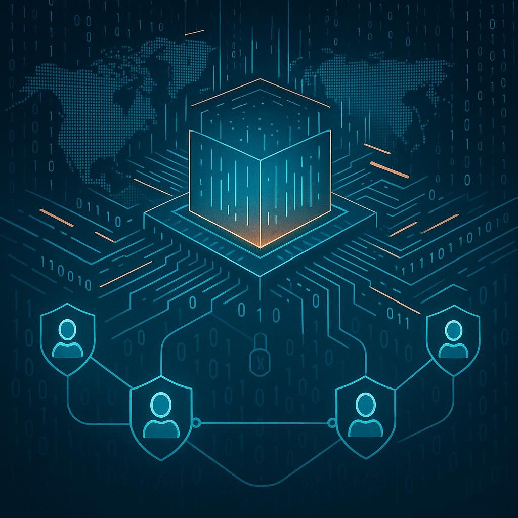 Abstrakte digitale Illustration eines Siliziumchips, Nutzer-Icons und Weltkarte, symbolisiert Datenfluss, Kontrolle und Sicherheit im Bereich First Party ID.