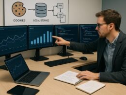 Gestylter Arbeitsplatz mit Monitoren, die Diagramme, Code und Nutzer-Tracking-Daten im digitalen Marketing zeigen, sowie eine Person, die Daten prüft. Credit: 404 Magazine (Tobias Hager).