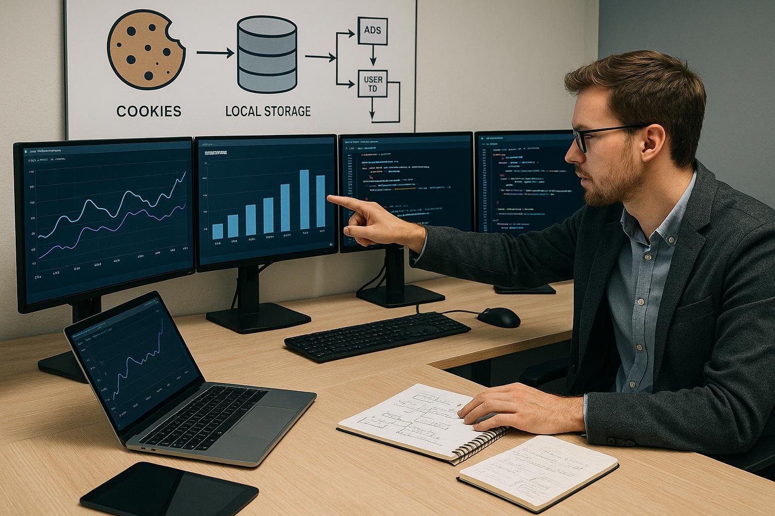 Gestylter Arbeitsplatz mit Monitoren, die Diagramme, Code und Nutzer-Tracking-Daten im digitalen Marketing zeigen, sowie eine Person, die Daten prüft. Credit: 404 Magazine (Tobias Hager).