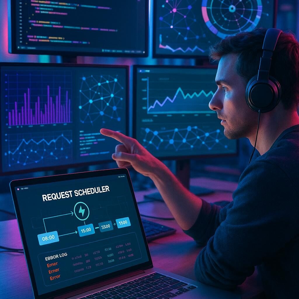 Technische Szene in einem modernen Entwicklerstudio mit mehreren Monitoren, einem Laptop mit Request Scheduler Oberfläche und futuristischen Farbeffekten