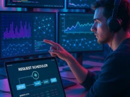 Technische Szene in einem modernen Entwicklerstudio mit mehreren Monitoren, einem Laptop mit Request Scheduler Oberfläche und futuristischen Farbeffekten