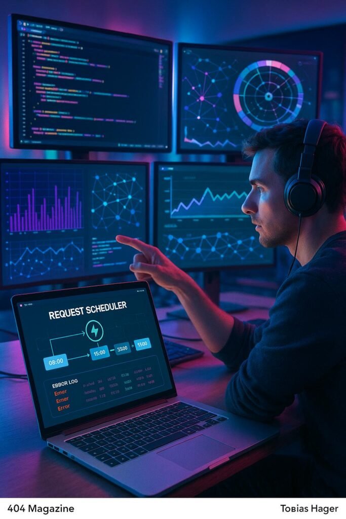 Technische Szene in einem modernen Entwicklerstudio mit mehreren Monitoren, einem Laptop mit Request Scheduler Oberfläche und futuristischen Farbeffekten