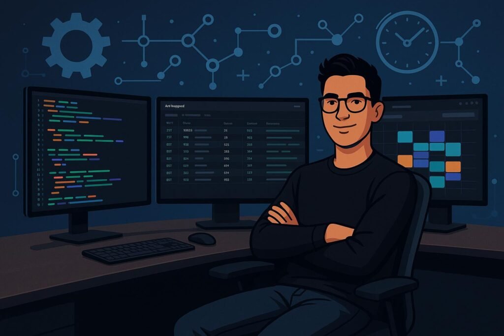 Junger Entwickler an einem modernen Arbeitsplatz mit mehreren Monitoren, die Code, API-Logs und Dashboards zeigen, umgeben von digitalen Automatisierungs- und Integrationssymbolen