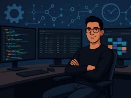 Junger Entwickler an einem modernen Arbeitsplatz mit mehreren Monitoren, die Code, API-Logs und Dashboards zeigen, umgeben von digitalen Automatisierungs- und Integrationssymbolen