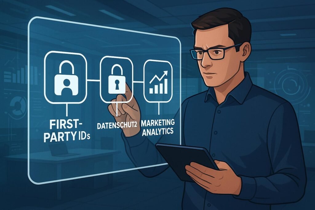 Forscher oder Marketer prüft holographisches Display mit Icons für First Party IDs, Datenschutz und Marketing-Analyse in futuristischem Büro