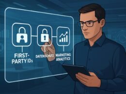 Forscher oder Marketer prüft holographisches Display mit Icons für First Party IDs, Datenschutz und Marketing-Analyse in futuristischem Büro