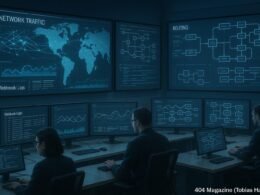 Modernes Control Center mit Monitoren, die Netzwerktraffic und Flowcharts anzeigen, Techniker bei der Arbeit, digital visualisierte Daten, Kontrollräume mit strategischen Tischen