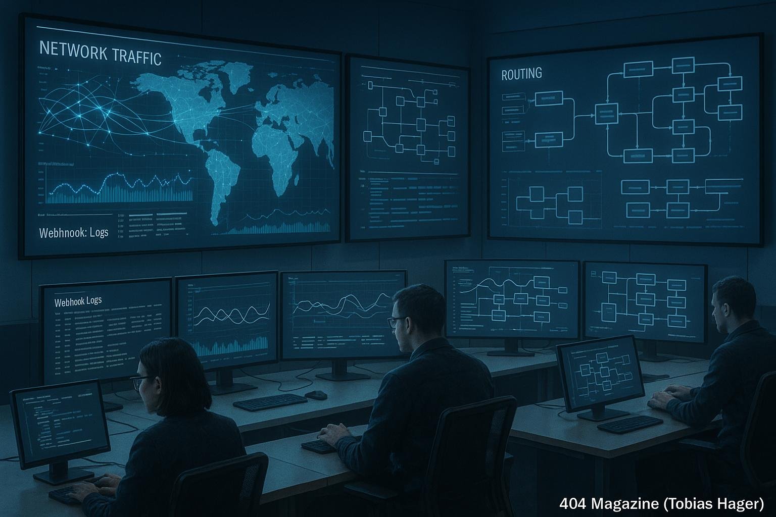 Modernes Control Center mit Monitoren, die Netzwerktraffic und Flowcharts anzeigen, Techniker bei der Arbeit, digital visualisierte Daten, Kontrollräume mit strategischen Tischen